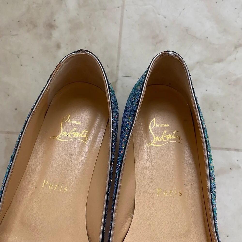 Christian Louboutin Kate Multicolor Blue Glitter Pointed Toe Ballet Flats Sz 6.5